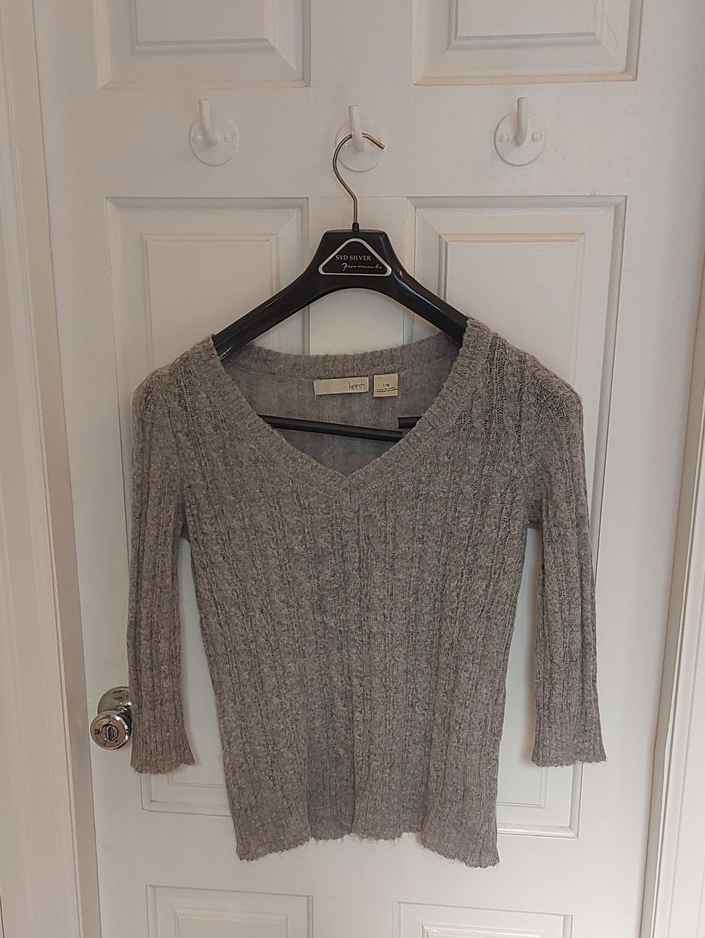 Kersh Light Gray Ribbed V-Neck Sweater